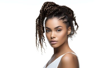 Wall Mural - A stunning African American woman with curly braids and a sharp jawline isolated on white. Concept Headshot, Beauty, African American, Curly Braids, Sharp Jawline