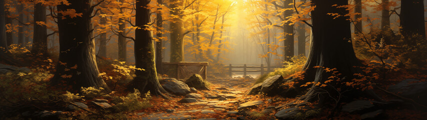 Wall Mural - Rustic Bridge Amidst Autumn Forest