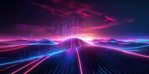 Wall Mural - Futuristic technology themed abstract background with glowing lines dynamic illustration of modern digital concepts featuring bright neon lights and fast moving geometric shapes perfect for speed