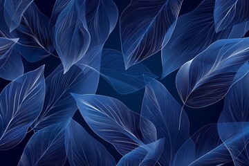 Poster - Design for wall decoration, posters, tropical invitation cards, packaging, and printing. Blue leaves background . Luxury line art design with leaf pattern.