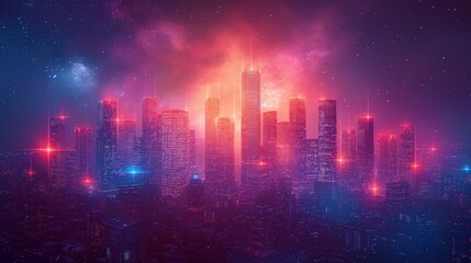 Fototapete - Abstract digital high-tech city design with neon lighting effect. Modern hi-tech, science and futuristic technology design for banner backgrounds.