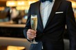 welldressed traveler with complimentary champagne flute