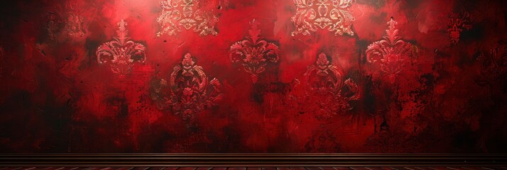 Wall Mural - Elegant damask pattern with vintage floral designs in deep red and gold, Background Image, Background For Banner