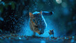 A cat chasing a mice, jumping, splashes of dust