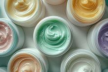 Various Creams And Ointments In Their Containers, Showcasing Their Textures, Labels,