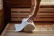 individual placing a cotton towel on the bench of an infrared sauna