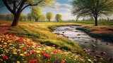 Fototapeta Krajobraz - grassland in spring with colorful flowers