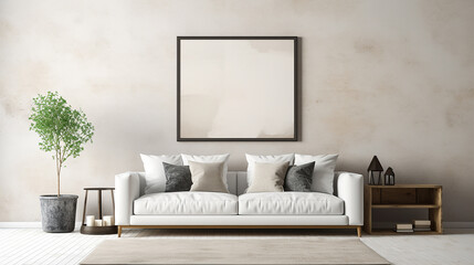 Wall Mural - interior living room wall mockup with white sofa 3d rendering illustration. simple living room.