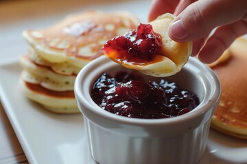 Wall Mural - person dipping bite of pancake in small bowl of fruit compote