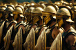 Spartan hoplites, heavily armored infantry, standing in a disciplined phalanx formation.