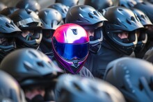 Solo Bright Helmet Biker In A Group Of Standard Helmets