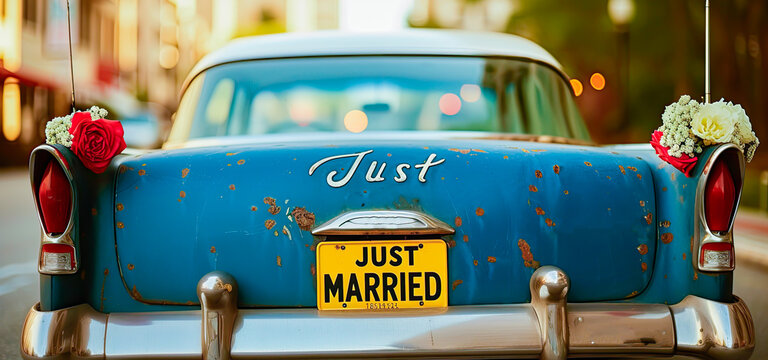 write JUST MARRIED in a car