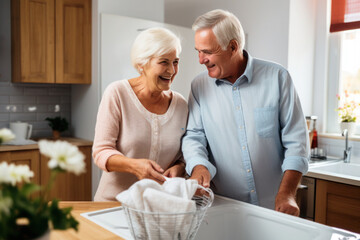 Wall Mural - Caucasian married senior mature couple washing dishes in the kitchen