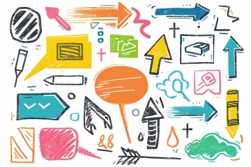 Aufkleber -   illustration of an arrow, brush strokes, speech bubbles, lines, cute doodle glitter pen lines.