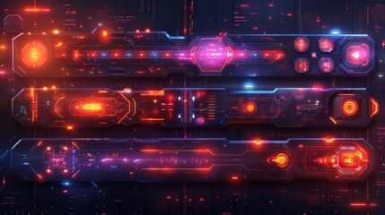 Fototapete - Technology banners collection in cyberpunk style. Abstract sci-fi text boxes with glitched effects. Futuristic hi-tech badges. Colorful glitchy backgrounds.  illustration.