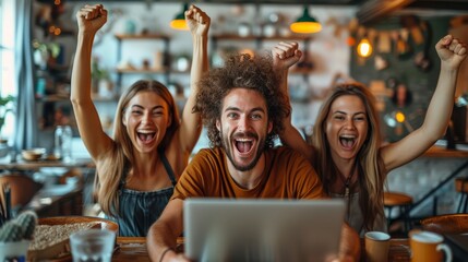 Aufkleber - An employee group celebrating success in their office, working on a laptop together. A man and a woman say yes or wow.