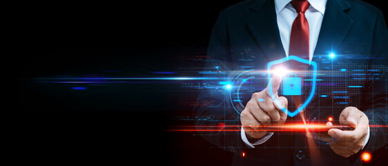 Wall Mural - Cybersecurity. business people hand using mobile smart phone with virtual graphic cyber internet security firewall diagram on dark background, data protection, internet network technology concept