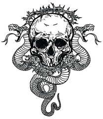 Wall Mural - Tattoo art snake and skull pattern drawing and sketch black and white