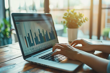 Businessman's hands working on finance, laptop computer with graphic diagrams, stock market. AI