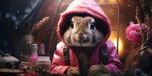 A Close Up Of A Squirrel Wearing Pink Hoodie, Easter Bunny With Pink Hoodie