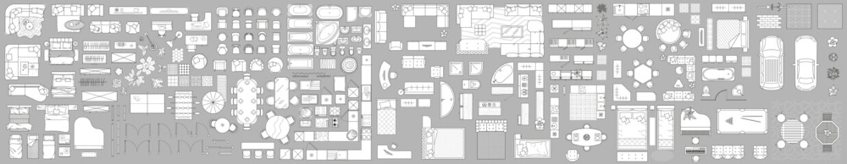 set of linear icons. interior top view. vector illustration. floor plan icons set for design interio