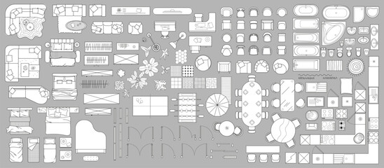 Set of linear icons. Interior top view. Vector Illustration. Floor plan icons set for design interior and architectural project