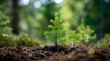 Germinating new pine tree sprout, reforestation efforts. Planting new trees, environment care.