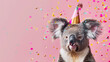 A charming koala caught in a festive moment, wearing a sparkly party hat amidst a cascade of vibrant confetti on a pink backdrop