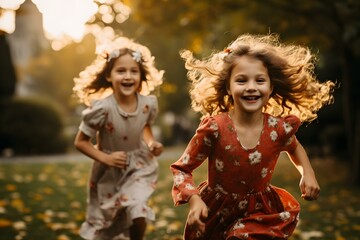 Joyful sisters playing and running in a park. Concept Family Photoshoot, Sibling Portraits, Outdoor Photography