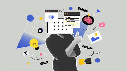 young developer with a laptop instead of a head, art collage. web design or coding creative concept.