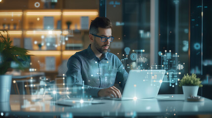 Businessman working at his desk in an office, engaged with his laptop and surrounded by various technology and business elements.