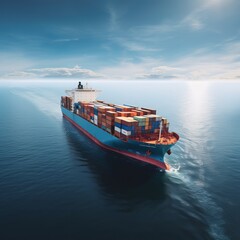 Cargo ship in the Sea. A large container cargo ship travels over calm blue water.