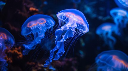 Canvas Print - Graceful purple jellyfish in dark water, bioluminescent glow of these mesmerizing creatures.