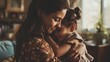 A mother hugs her daughter's child. A woman holds her baby girl in her arms and hugs her. A homely, cozy portrait photo with parent and child.