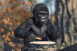 3d render of a baby gorilla drumming on hollow tree trunks
