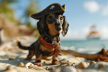 3d Render Of A Dachshund Pirate Searching For Buried Bones On A Beach