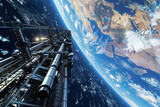 Fototapeta  - 3d render of a space elevator connecting Earth to a geostationary platform
