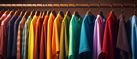 Multicolor shirts hanging on a rack. Shirts on a hanger in store or home in a wardrobe for lifestyle concept.