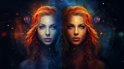Wall Mural - zodiac sign gemini in cosmic space. two women in space. generative ai.