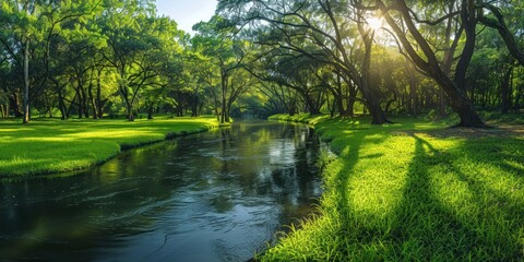 Wall Mural - tranquil nature view featuring meandering river through lush grassy landscape beauty with green tree