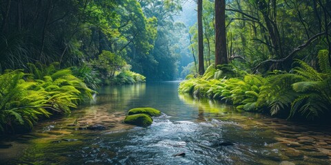 Wall Mural - tranquil nature view featuring meandering river through lush grassy landscape beauty with green tree