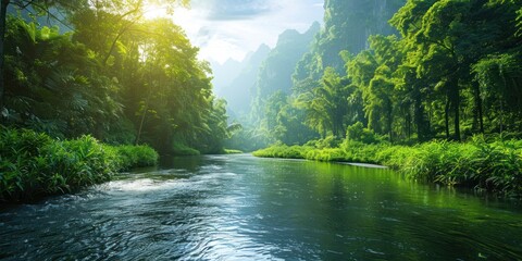 tranquil nature view featuring meandering river through lush grassy landscape beauty with green tree
