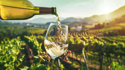 Wine glass with poured white wine and vineyard landscape of sunshine