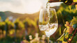 Wine glass with poured white wine and vineyard landscape of sunshine