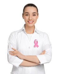 Wall Mural - Mammologist with pink ribbon on white background. Breast cancer awareness