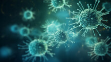 Detailed Microscopic View Of Virus Particles With Prominent Spike Proteins, Against Dark Green Blue Background. World Health Day, International Day Of Immunology, Global Handwashing Day Concept