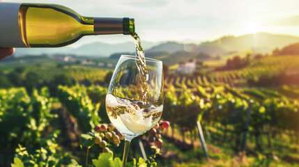 Wine glass with poured white wine and vineyard landscape of sunshine