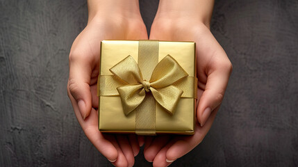 Wall Mural - hands holding a gold gift box with a ribbon on a grey background. giving present