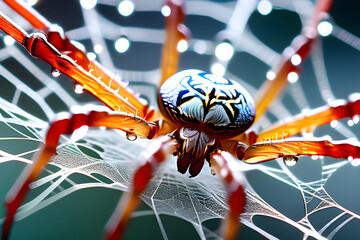 A spider weaves an intricate web, each silken thread visible in a meticulously detailed macro image. Generative AI