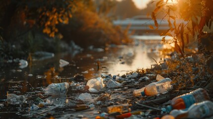 Polluted Waterway at Sunset with Plastic Waste. A serene sunset backdrop contrasts with the harsh reality of environmental pollution, as plastic waste litters a once-pure waterway.